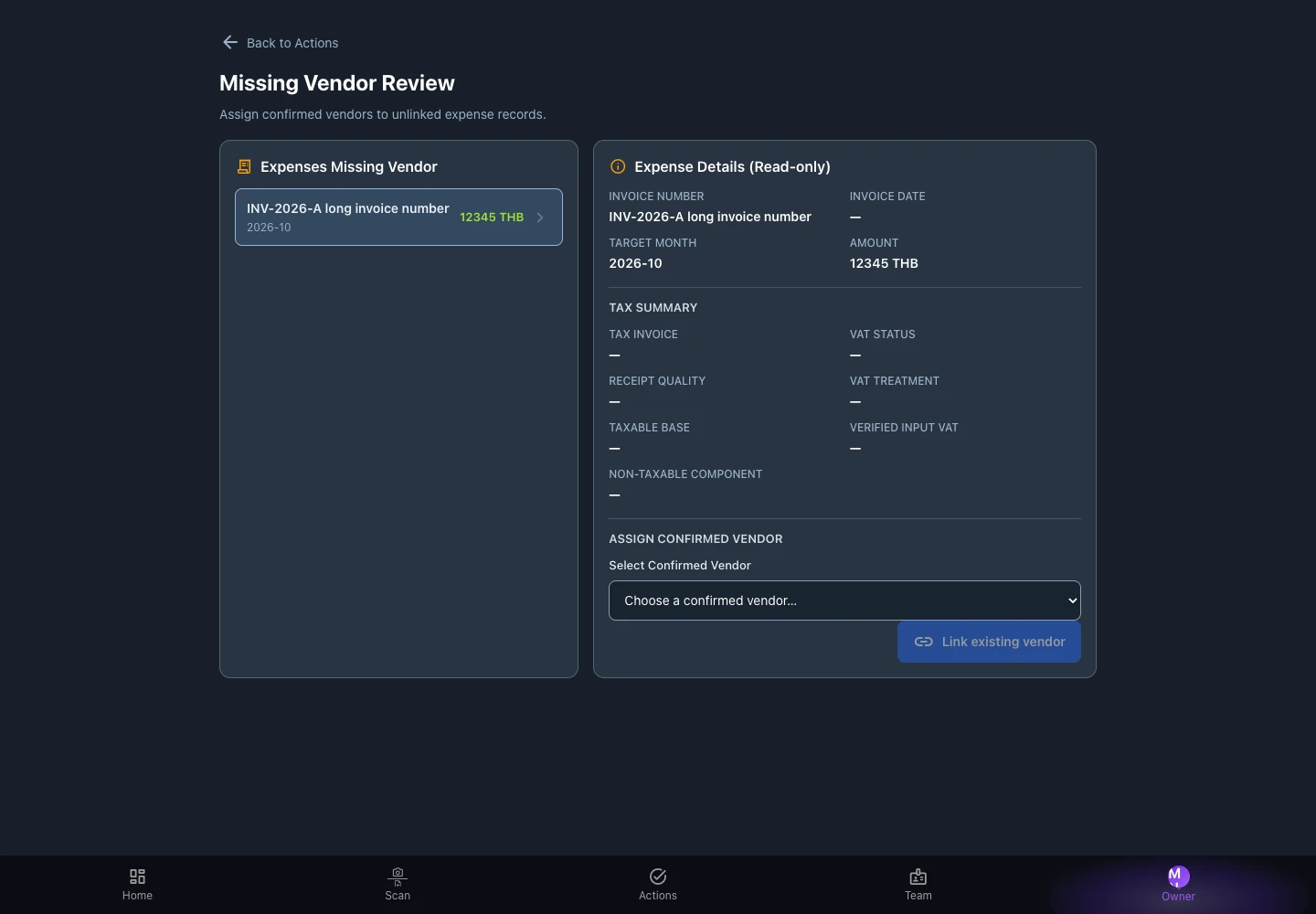 Put every expense in context. — Review expenses and connect a confirmed vendor. Demonstration data.