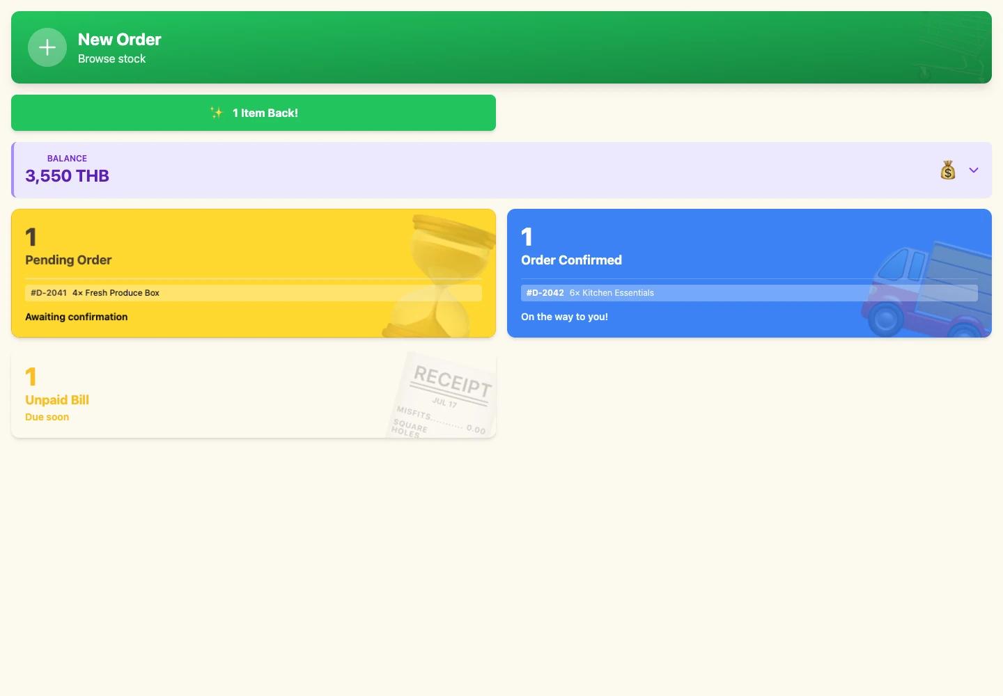 The next step, in view. — Orders, billing and replenishment in one buyer overview. Demonstration data.