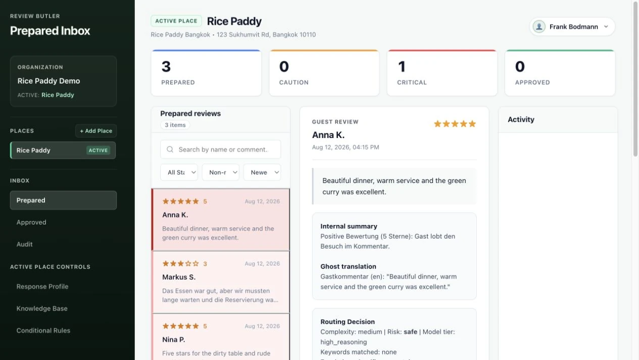 Every review has a next step. — The Review Butler inbox, with demonstration reviews.