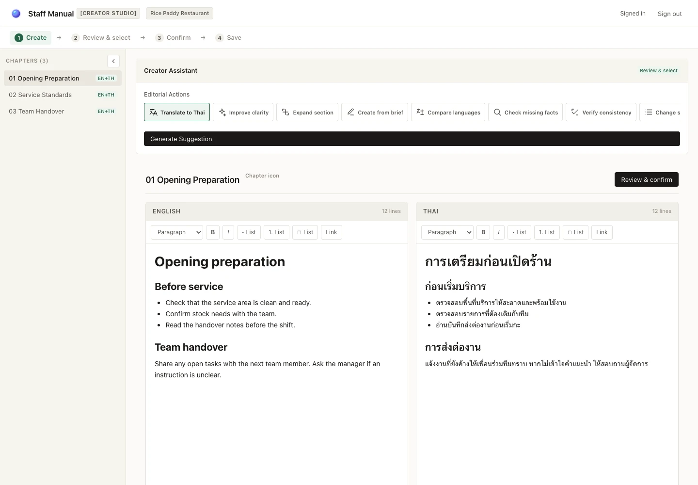 Two languages. One clear chapter. — English and Thai, side by side in the Creator workspace. Demonstration content.