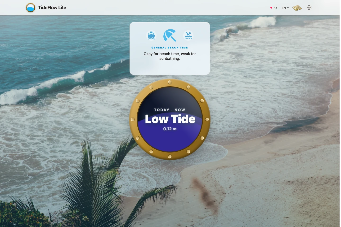 The coast, in context. — Tide and activity guidance in the web prototype. Demonstration coastal data.
