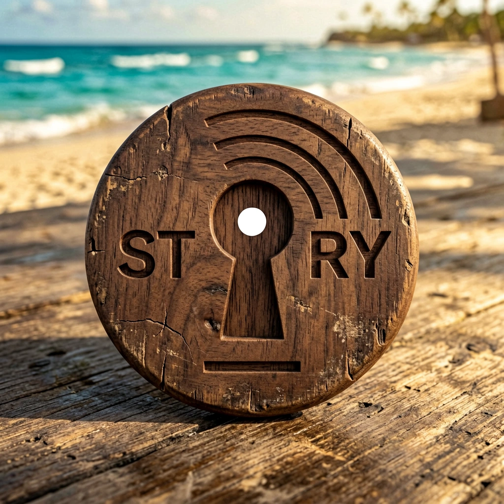 StoryGate concept artwork: a wooden Story token beside the sea
